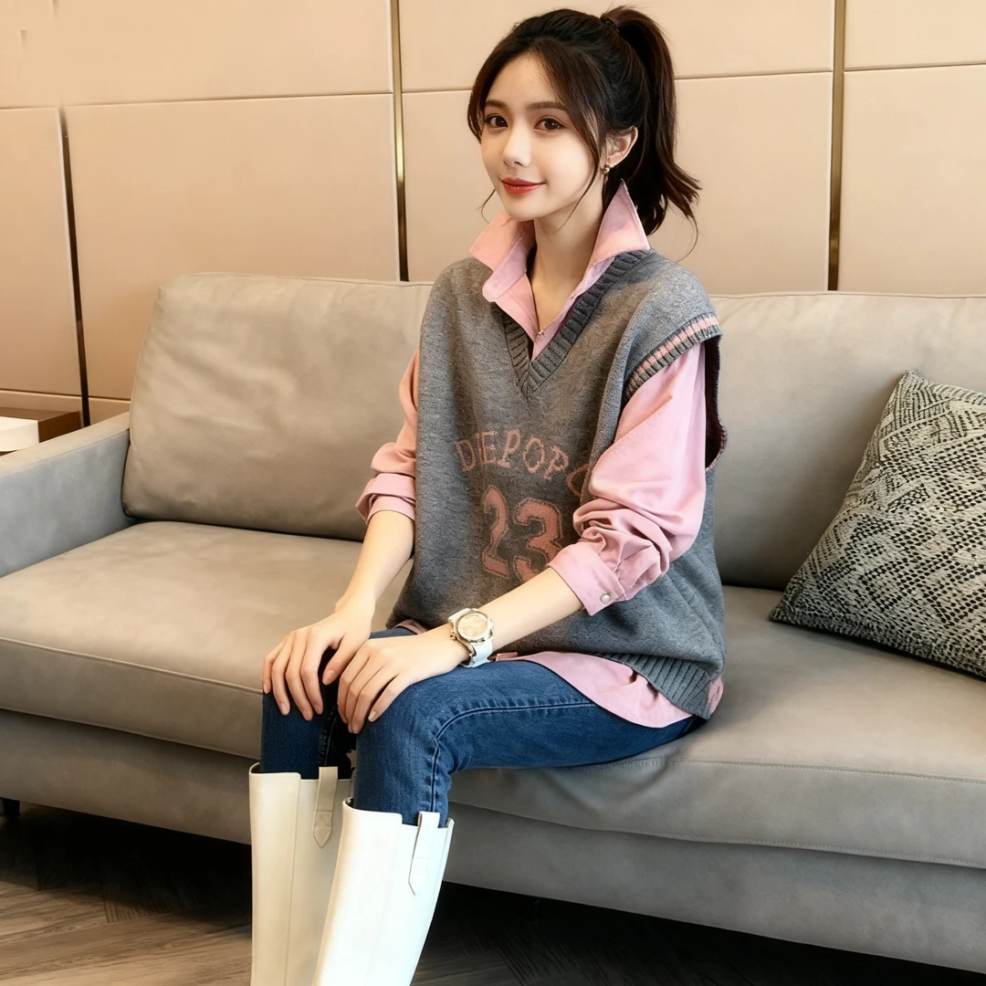 韩版秋冬时尚宽松拼接字母提花针织马甲+polo领长袖衬衫休闲套装