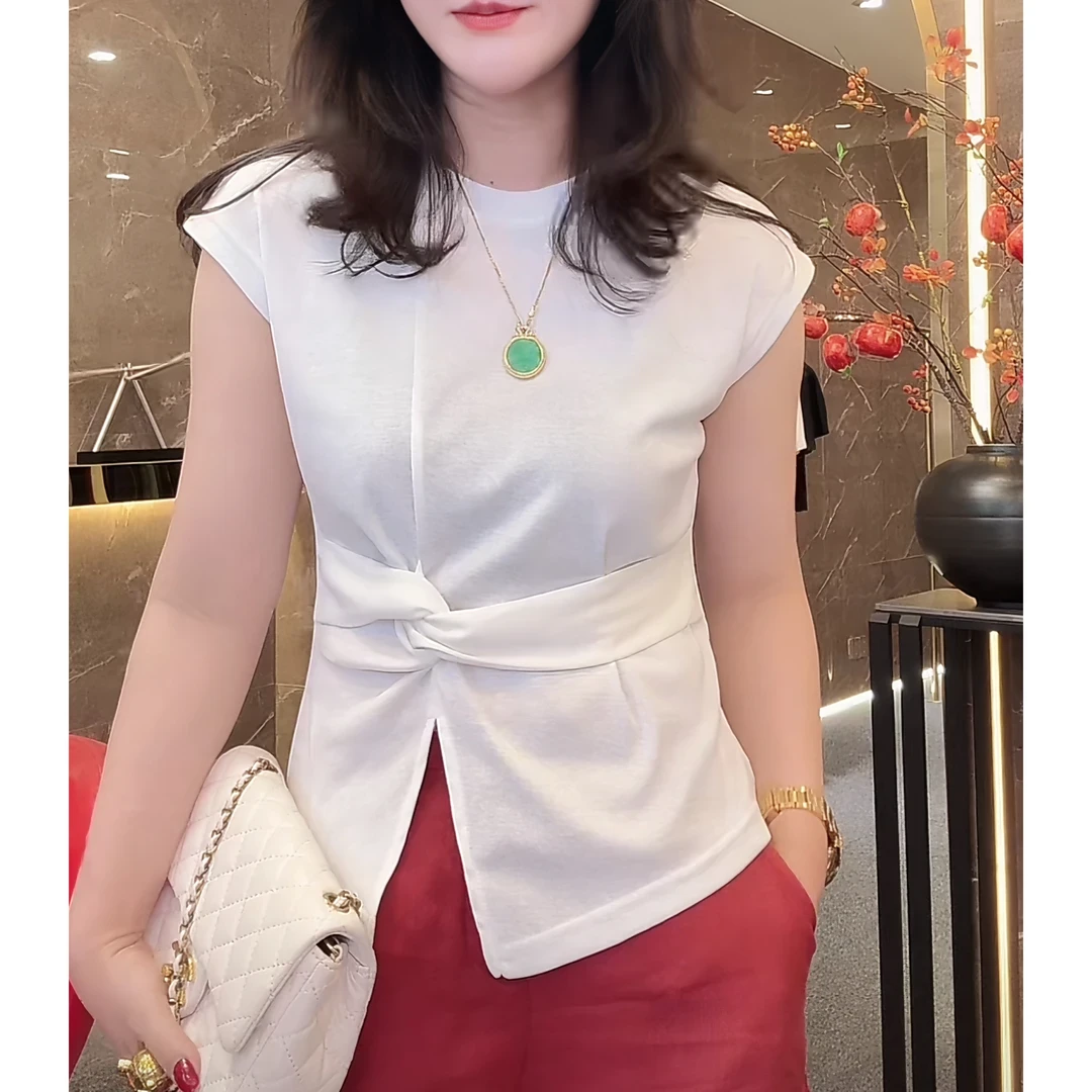 高级感不对称设计修身短袖纯色通勤圆领打底上衣女性夏季