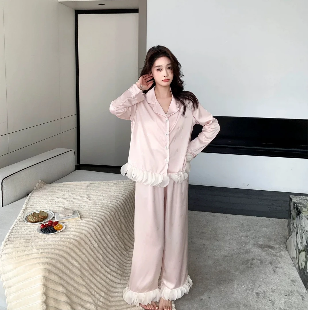 【甜茶】幻影蝴蝶提花冰丝花边长袖长裤两件套睡衣家居服