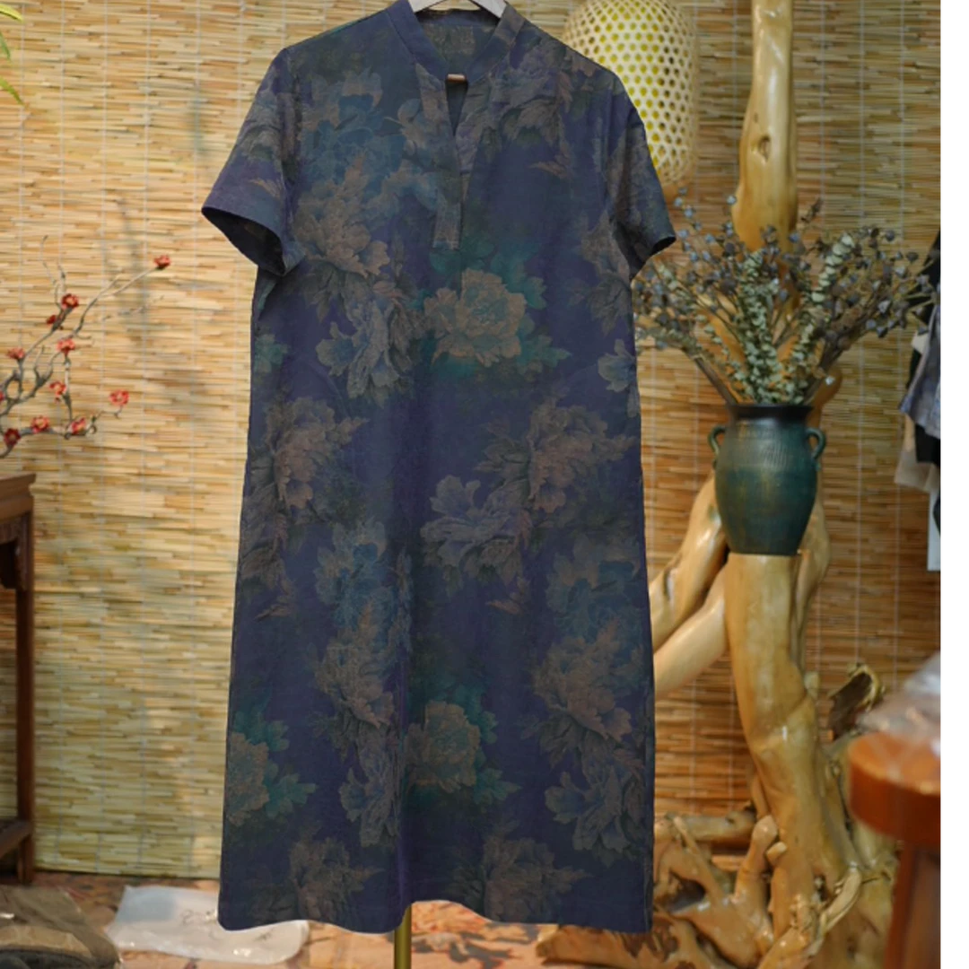 【孤紫牡丹】新中式优雅香云纱彩龟宽松夏季连衣裙62-紫牡丹短袖