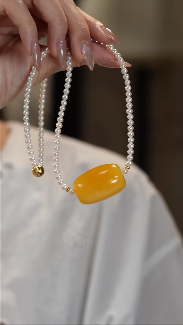 项链银S925镶嵌淡水珍珠蜜蜡项链