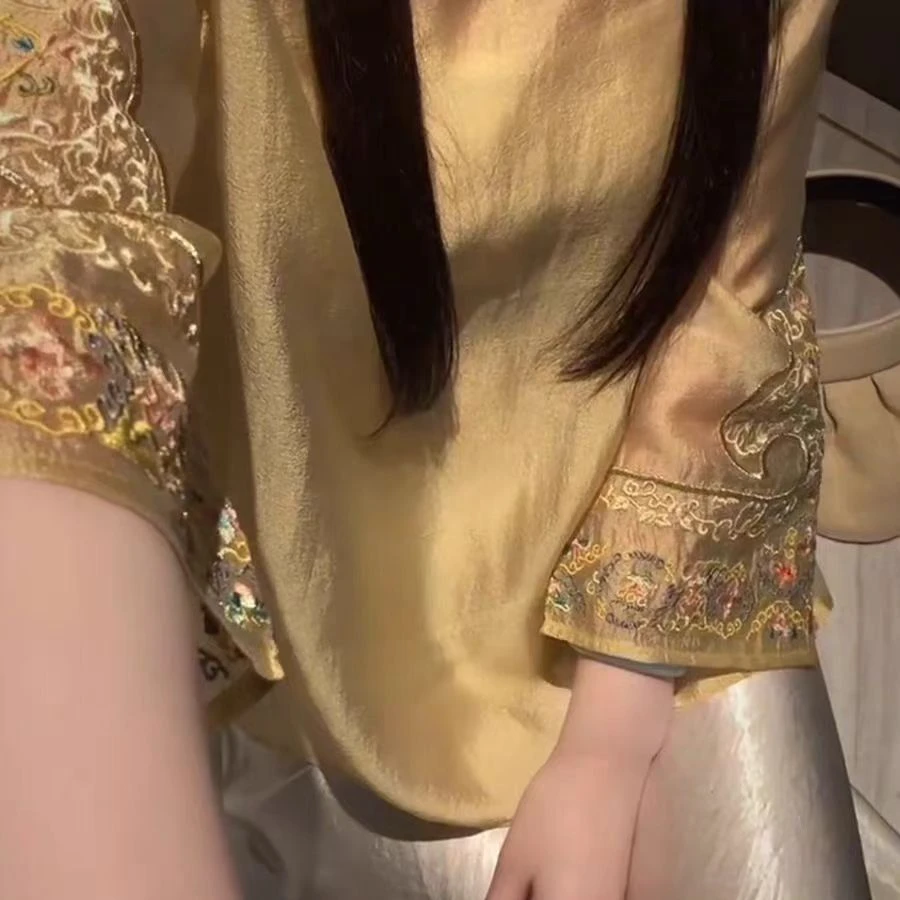 【金玉满堂】国风夏季薄款宽松重工刺绣长袖上衣百搭圆领T恤432