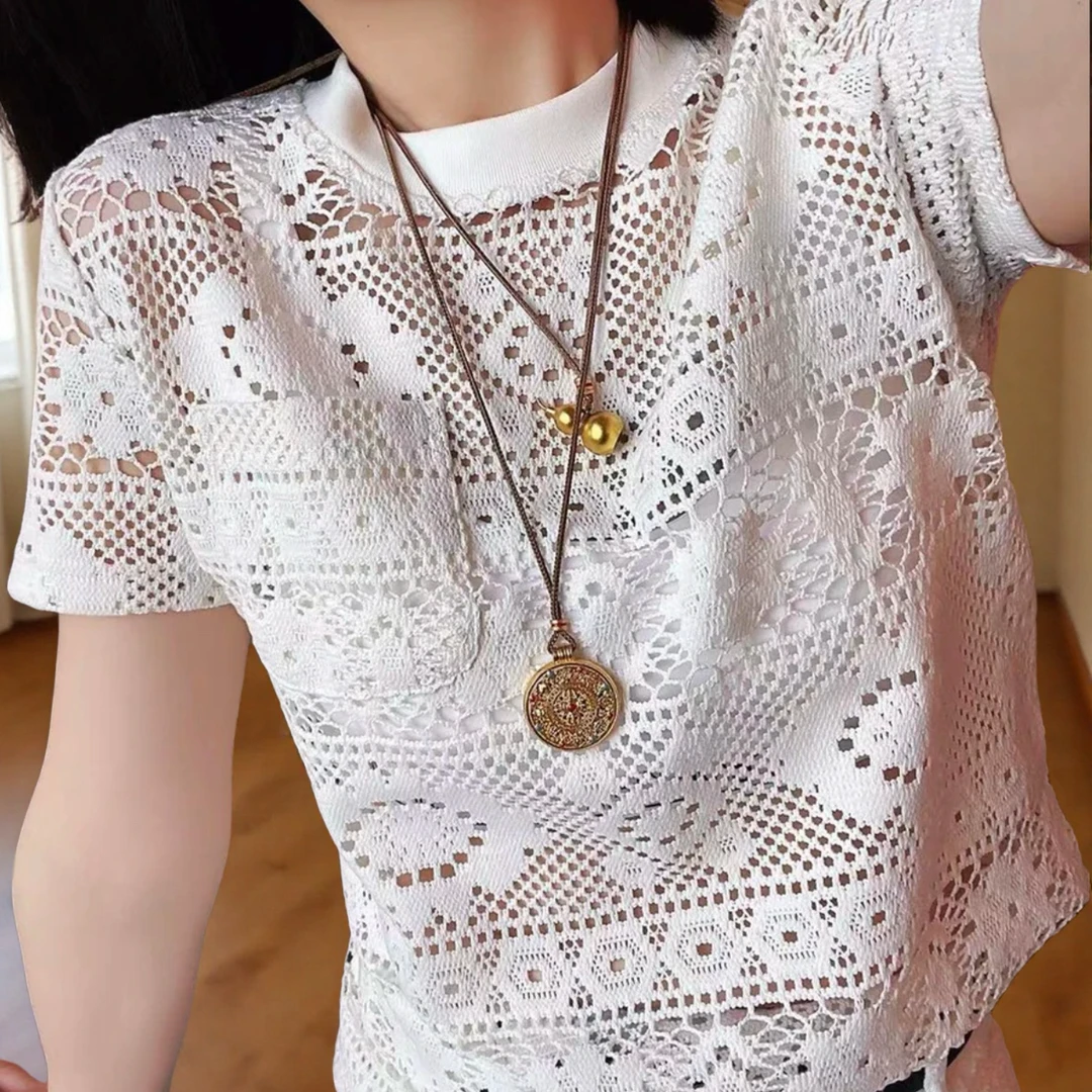 欧若风拼接口袋花朵镂空蕾丝短袖T恤女2025春夏新款白色圆领上衣