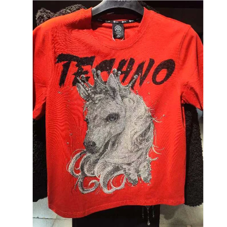 TCH【时尚潮牌】25新款潮流烫钻百搭轻奢红色短袖T恤T78B106018