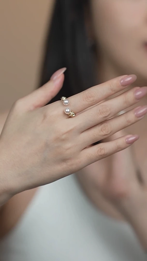 海水珍珠戒指银S925镶嵌6-7akoya双珠戒指