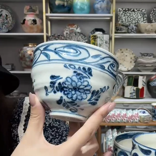 【单支】日本进口宗山家陶瓷手捧碗饭碗10.8cm-草花