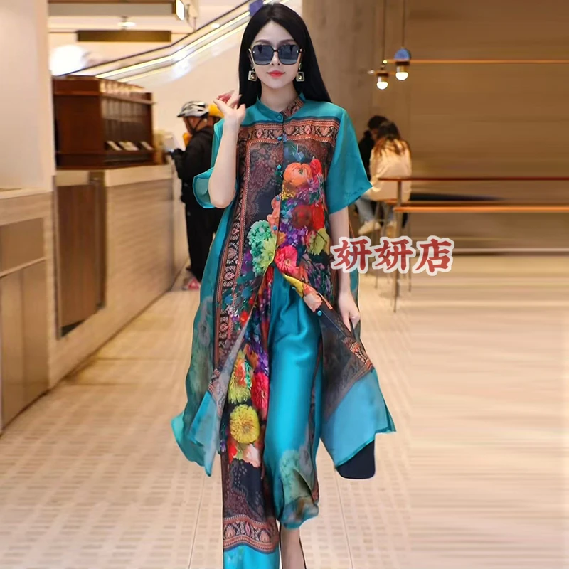 430短袖复古大码田园印花飘逸开衫宽松阔腿裤富太太时尚两件套装