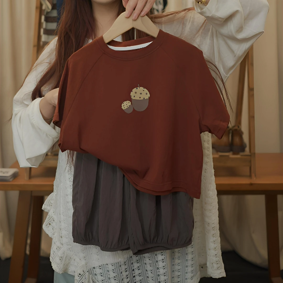 Y儿童夏季松果套装2025新款韩版复古简约落肩洋气森系百搭宝宝T恤