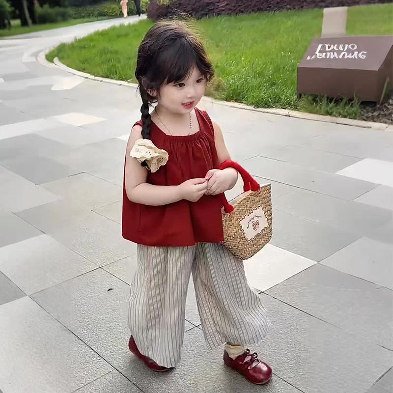 BB333-03女童套装2025新款儿童夏款无袖背心红色吊带条纹裤两件套