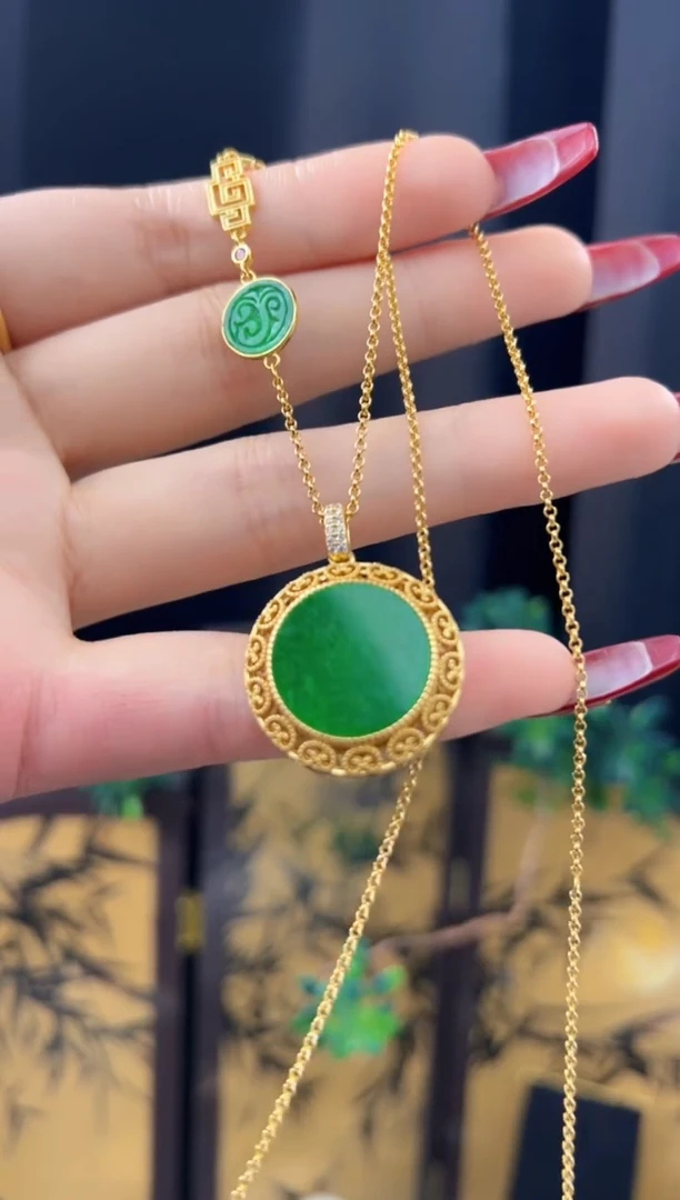 【闪购商品】翡翠吊坠(赠链)银S925镀金镶嵌天然缅甸A货翡翠吊坠