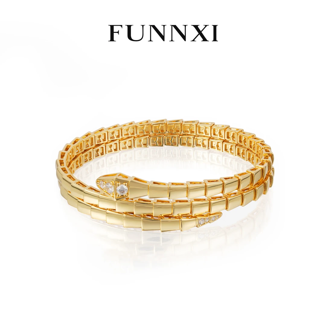 FUNNXI 铜合金合成锆石手镯 【生生不已】镶钻蛇头开口蛇形手环