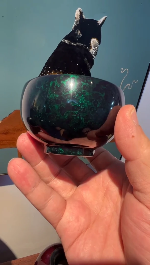 非遗大漆绿宝砂内绘银鱼主人杯120cc