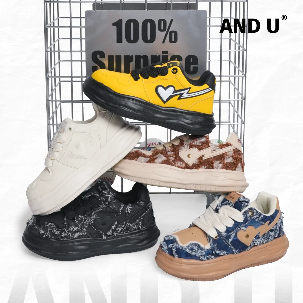 AND U小众厚底原创设计6cm增高鞋男女同款牛仔布溶解鞋面包板鞋