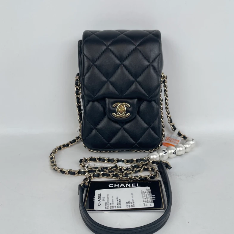 95新 Chanel/香奈儿 香奈儿羊皮手机包底长11.5厘米黑色金扣29开
