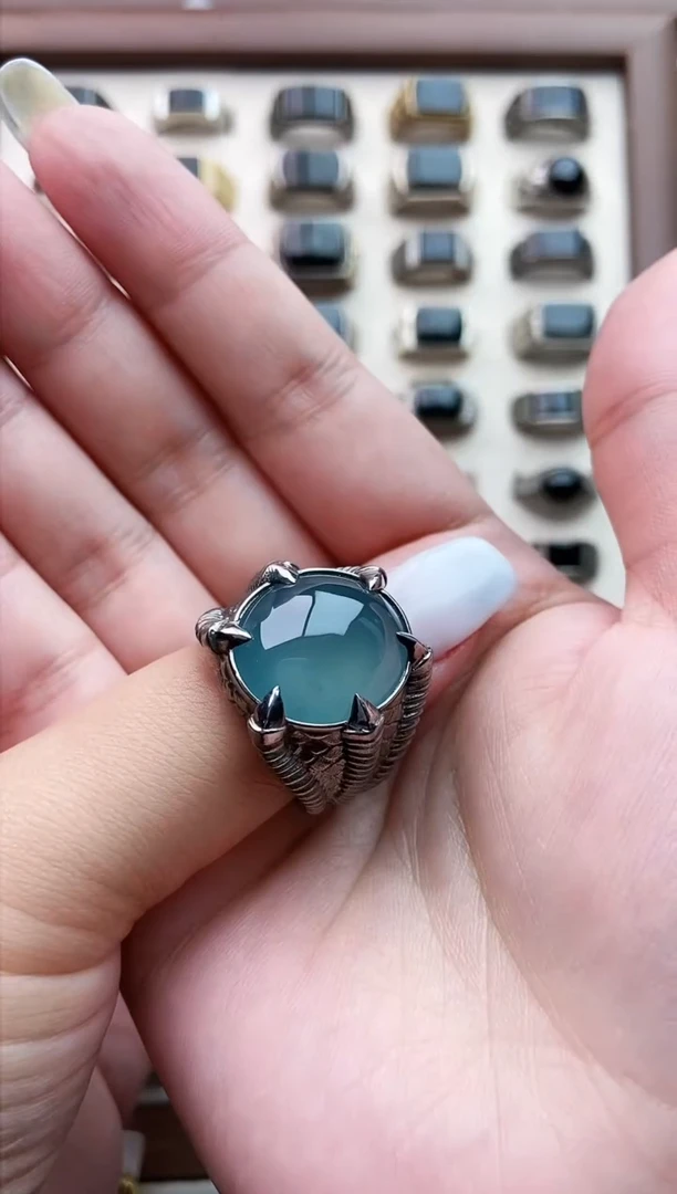 银S925镶嵌戒指翡翠苹***6天然A货翡翠男戒