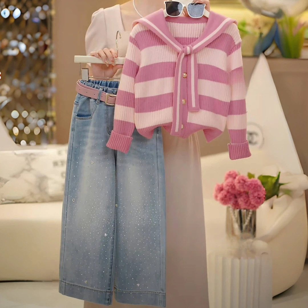 女童春装0125新款童装女孩洋气针织衫亮片牛仔裤韩版蛋糕仙女裙潮