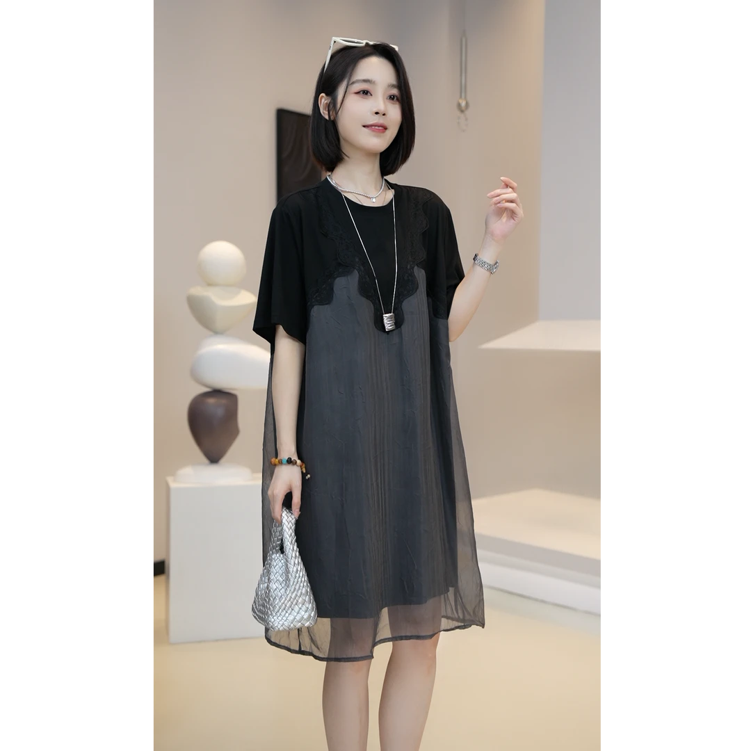 5.23【YUE YUE】夏季新款休闲百搭时尚气质感网纱蕾丝连衣裙D677
