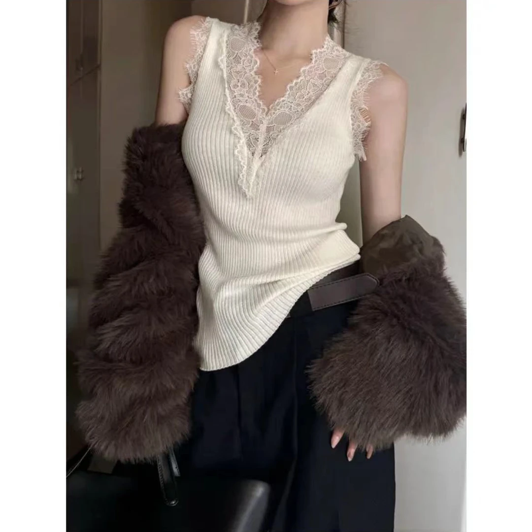 黑色蕾丝吊带背心女夏季外穿2025新款设计感v领内搭打底叠穿上衣