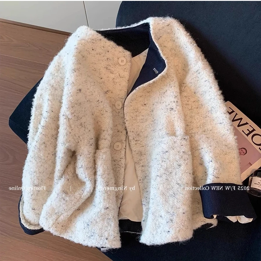 撞色拼接毛呢外套女装2025年秋冬新款高级感时髦气质百搭显瘦上衣