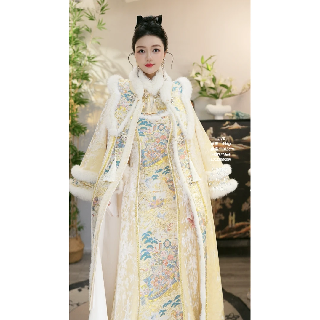 【夏维莲·杏雪凝霜】冬季黄粉色复古加绒显瘦保暖女套装（5444+5454）