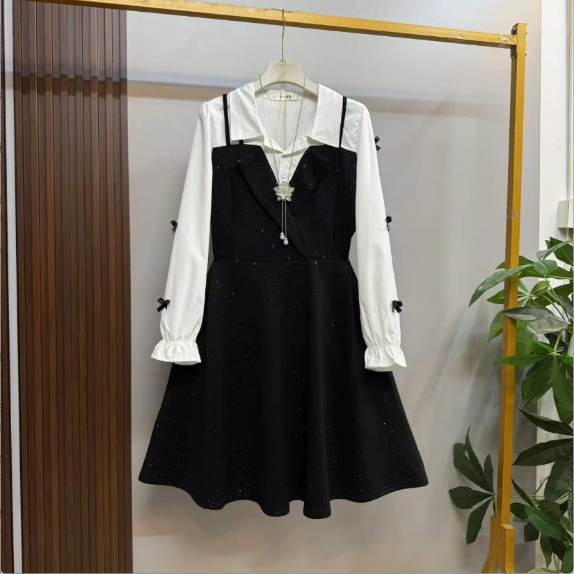 早秋新款时洋气微胖遮肉小蝴蝶结设计假两件显瘦大码连衣裙