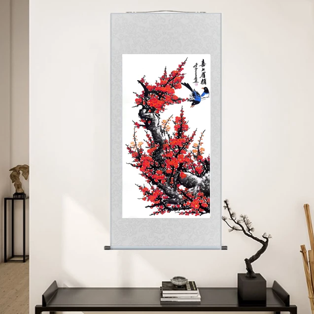 四尺《喜上眉梢》卷轴装裱尺寸1.7米*0.7米，高端大气国风装饰画