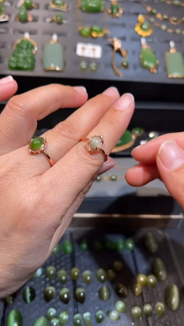 【闪购商品】和田玉碧玉猫眼戒指银S925镶嵌多样性发一