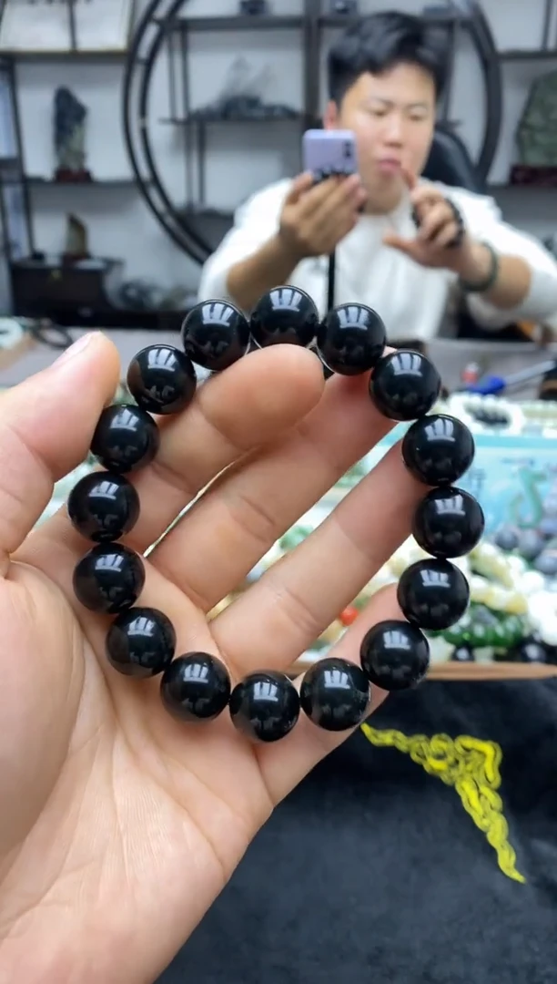 未镶嵌手串和田玉新疆塔县黑青14圆珠