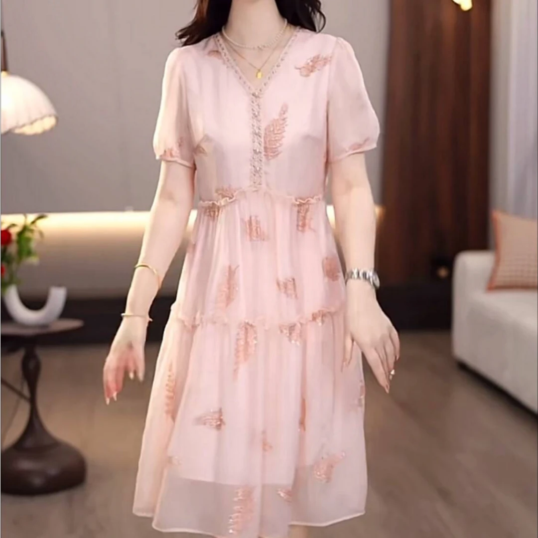 轻奢琉璃丝显瘦法式复古A字中长款连衣裙2025夏季新款显瘦礼服裙