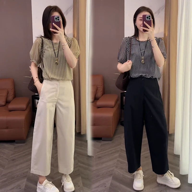 韩版时尚穿搭2025夏款气质减龄设计感圆领花边格子短袖衬衫休闲裤