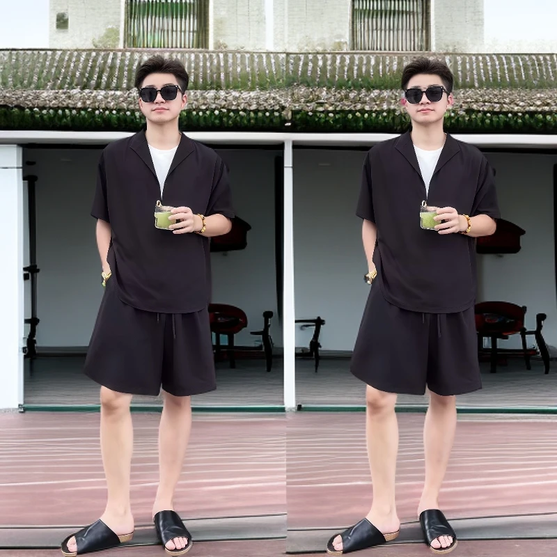 夏季男士新款莱赛尔天丝休闲运动套装时尚宽松短袖衬衫短裤两件套