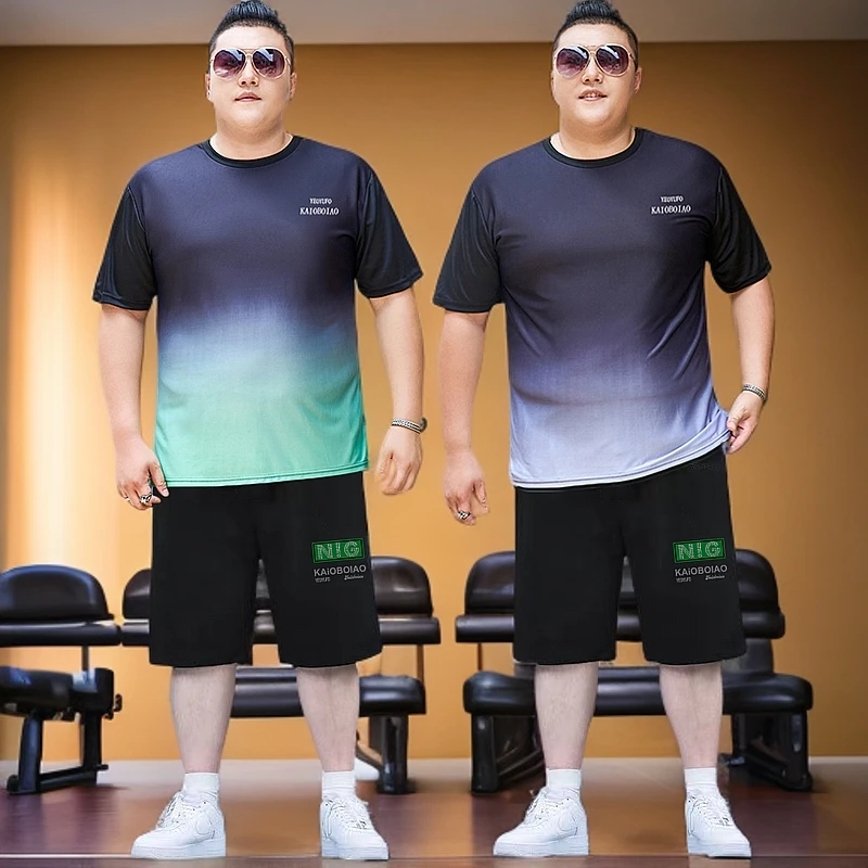 大码短袖短裤套装跑步夏季健身T恤男士宽松潮流休闲两件套渐变色