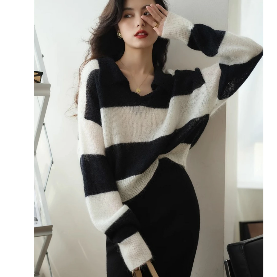 春季新款Polo领女士羊绒针织衫百搭减龄