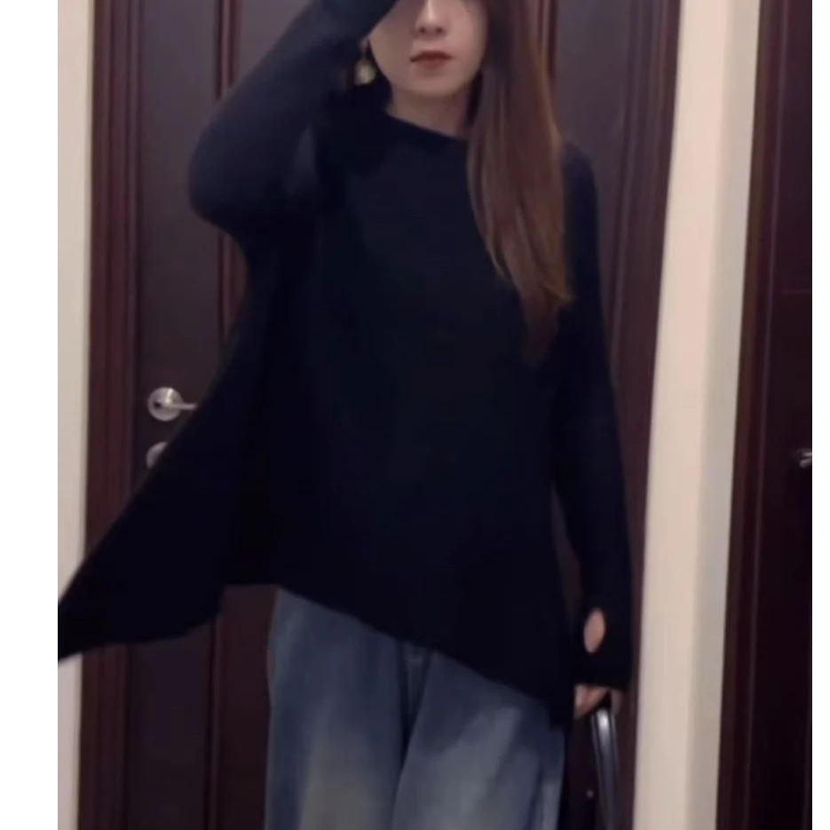 套头网红常规款宽松型女大码毛针织衫纯色拼接常规长袖百搭时尚