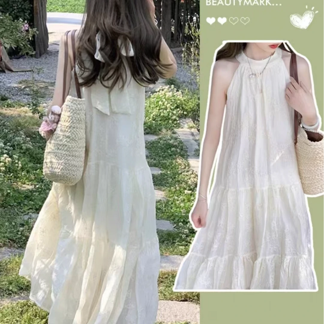 2025新款夏季女吊带小白裙法式挂脖连衣裙子小个子高级感无袖长裙