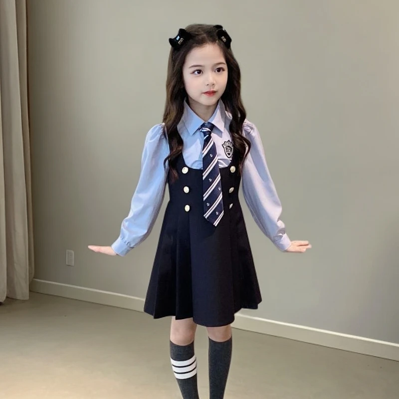 女童衬衫连衣裙春秋款韩版英伦风中大童套装秋季儿童裙子女孩长袖