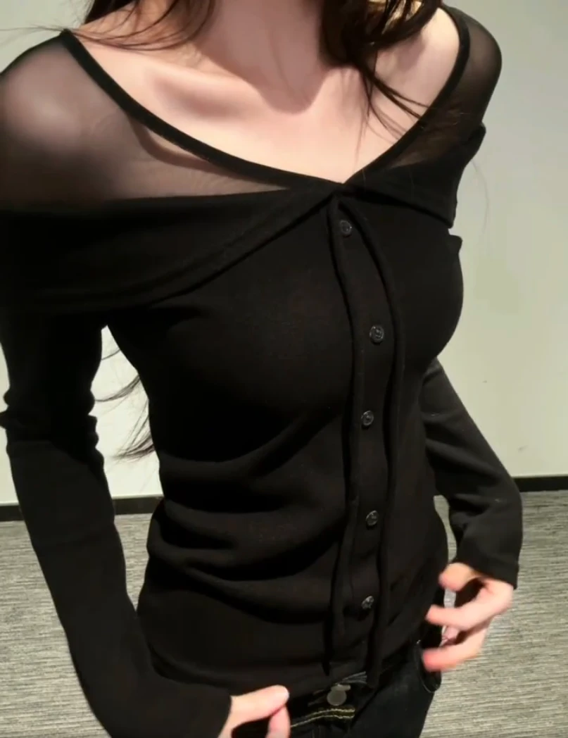 2025秋冬V领常规款长袖打底一字领拼接长袖T恤黑色百搭内搭显瘦