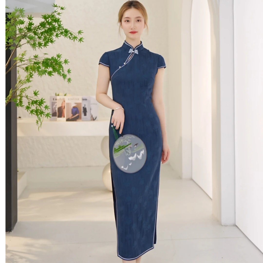 A爱居兔女装牛仔蓝改良旗袍连衣裙夏季新款长裙EQLBJ2Q036A