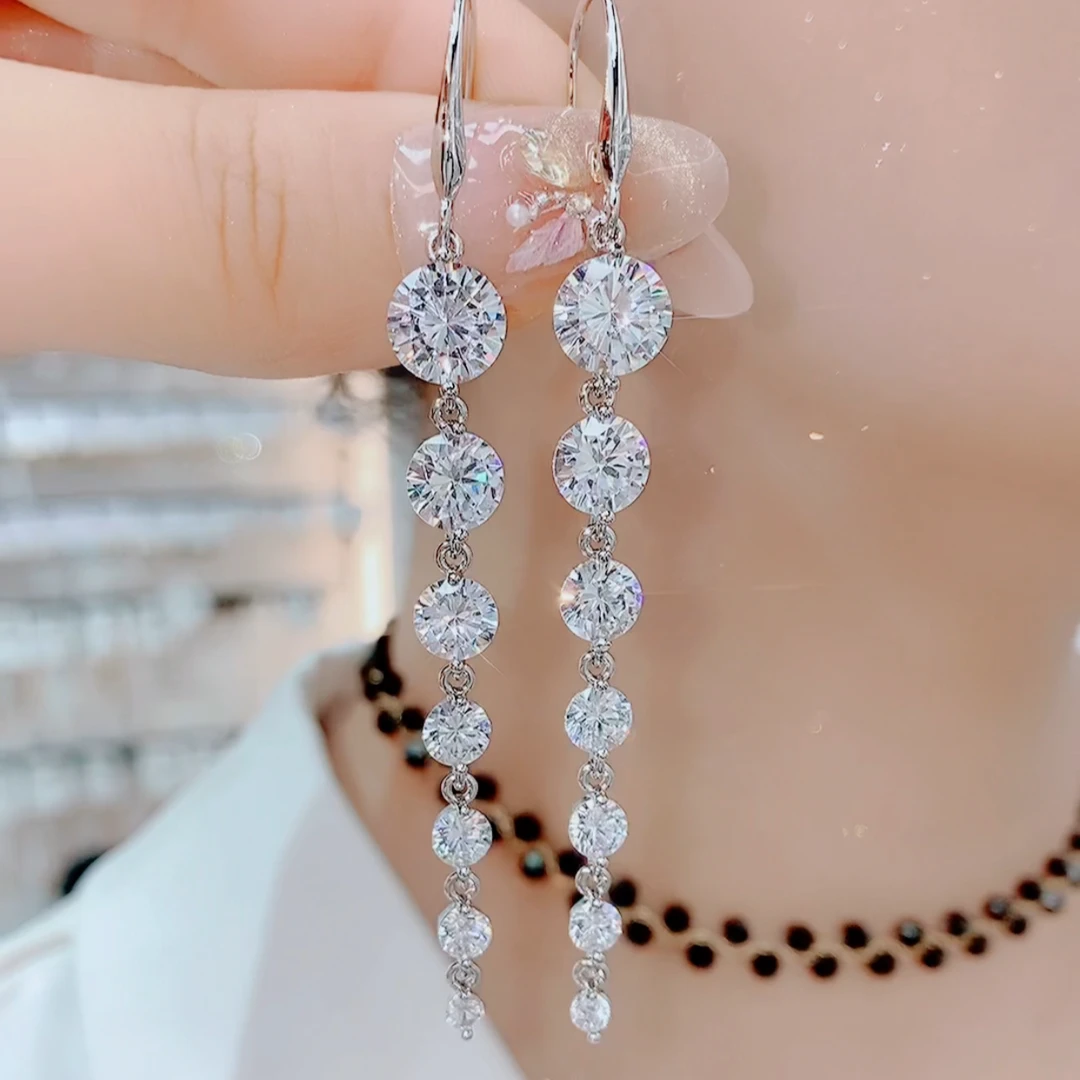 铜合金合成锆石耳饰 0765长款气质轻奢满钻超闪耳环