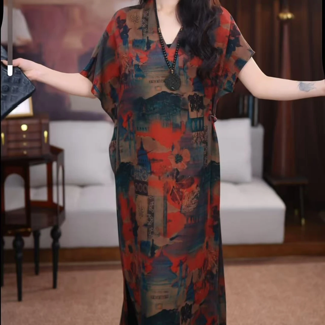 【依琳】香云纱长款重磅时尚国风提花遮肉印花复古长裙宽松连衣裙