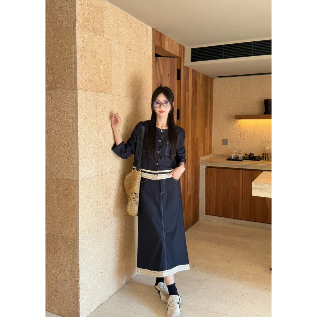 【温柔物语】显瘦气质长袖设计感蕾丝拼接外套+半身裙套装