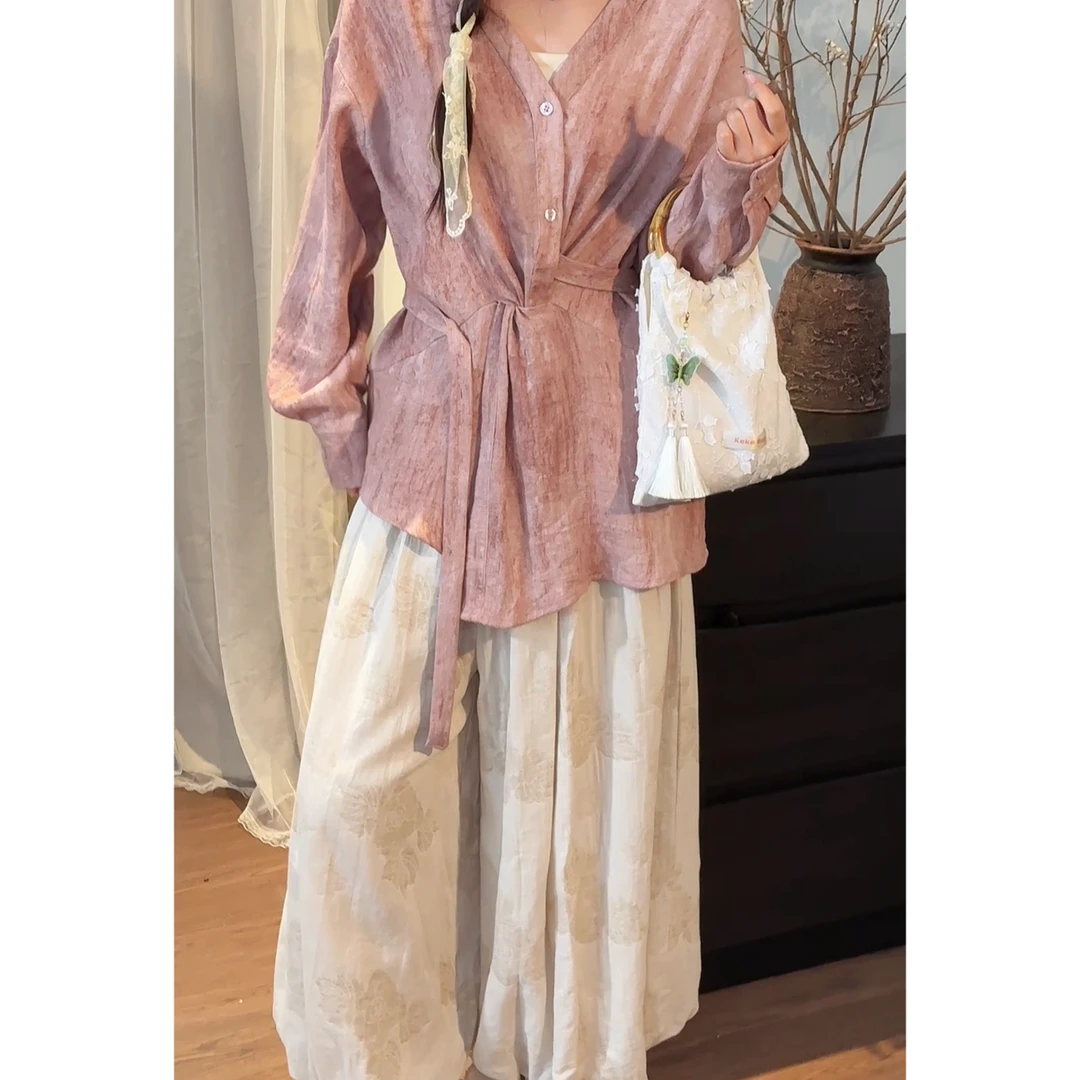 裤子【抒云】VGVL复古文艺提花休闲裤女春季百搭阔腿显瘦灯笼裤子