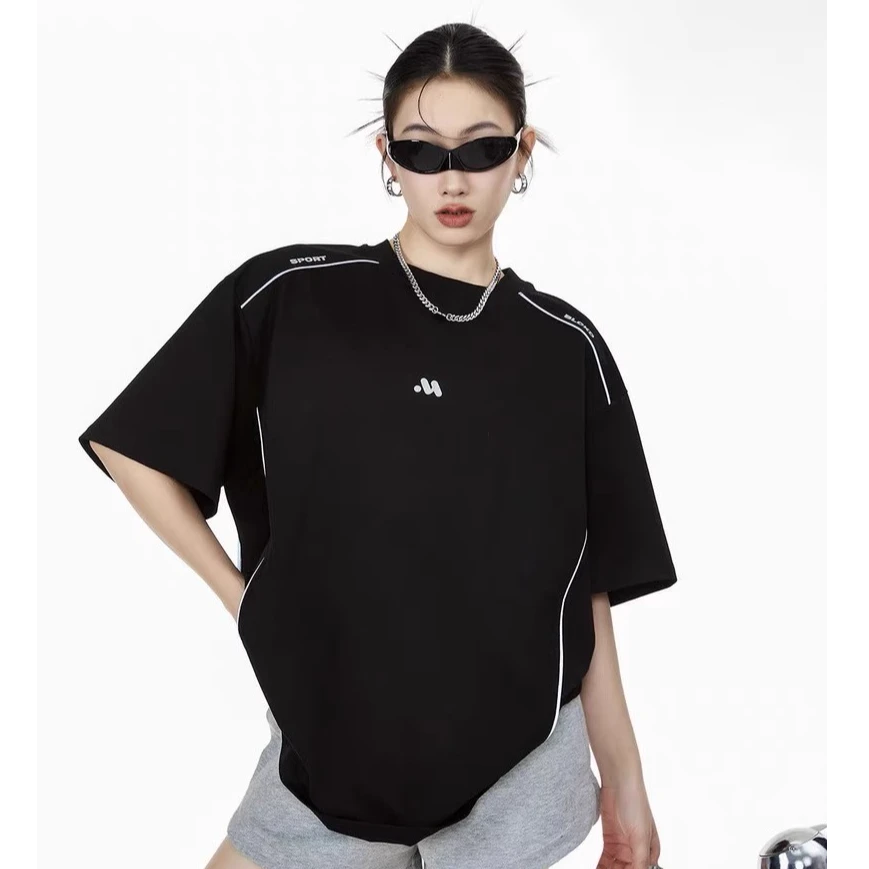 美式复古撞色线条短袖T恤男女夏季潮牌宽松百搭情侣潮牌撞色短袖