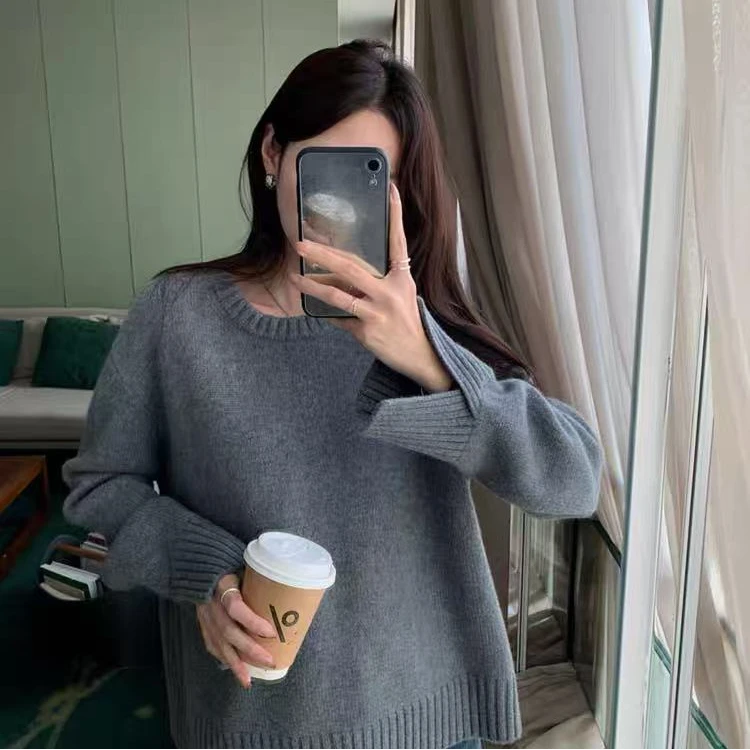 韩版宽松纯色羊毛衫气质厚款慵懒风圆领毛衣通勤长袖针织打底衫女