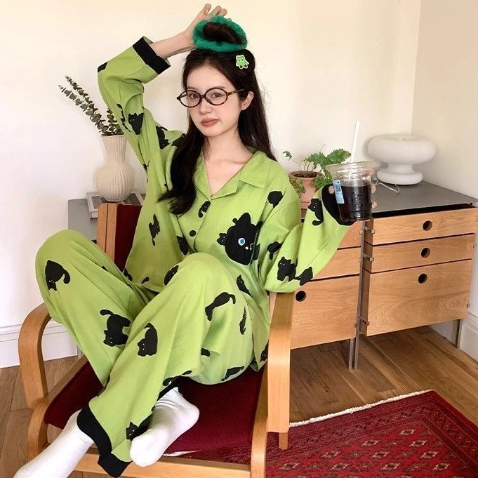 睡衣女可爱小黑猫长袖睡衣女秋季可外穿薄款家居服套装137