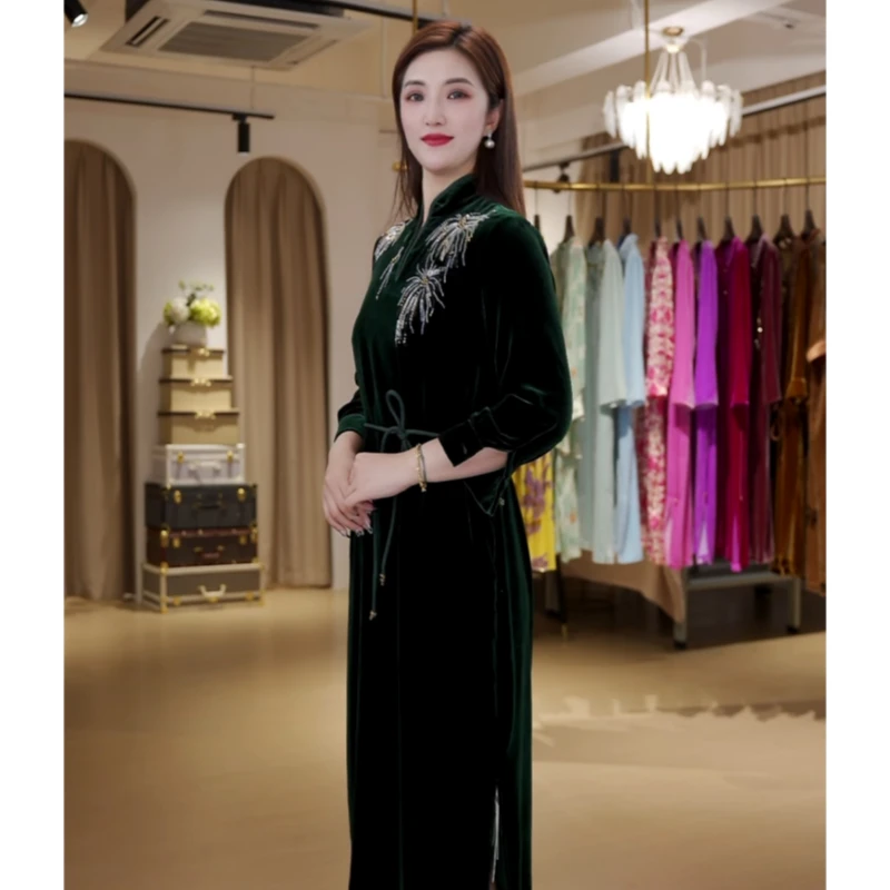 【大圆圆】2025秋冬新款国风丝绒中长款原创连衣裙需干洗SL25305