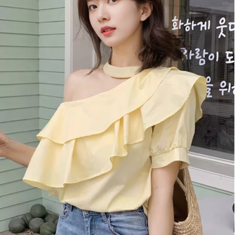 2025夏季法式甜美荷叶边露肩挂脖衬衫女设计感小众别致甜美小衫