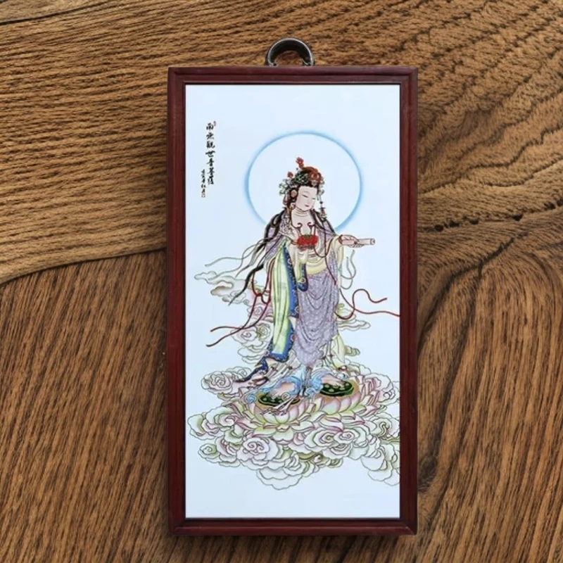 景德镇陶瓷瓷板画玄关挂画人物南无观音实木边框86*46cm