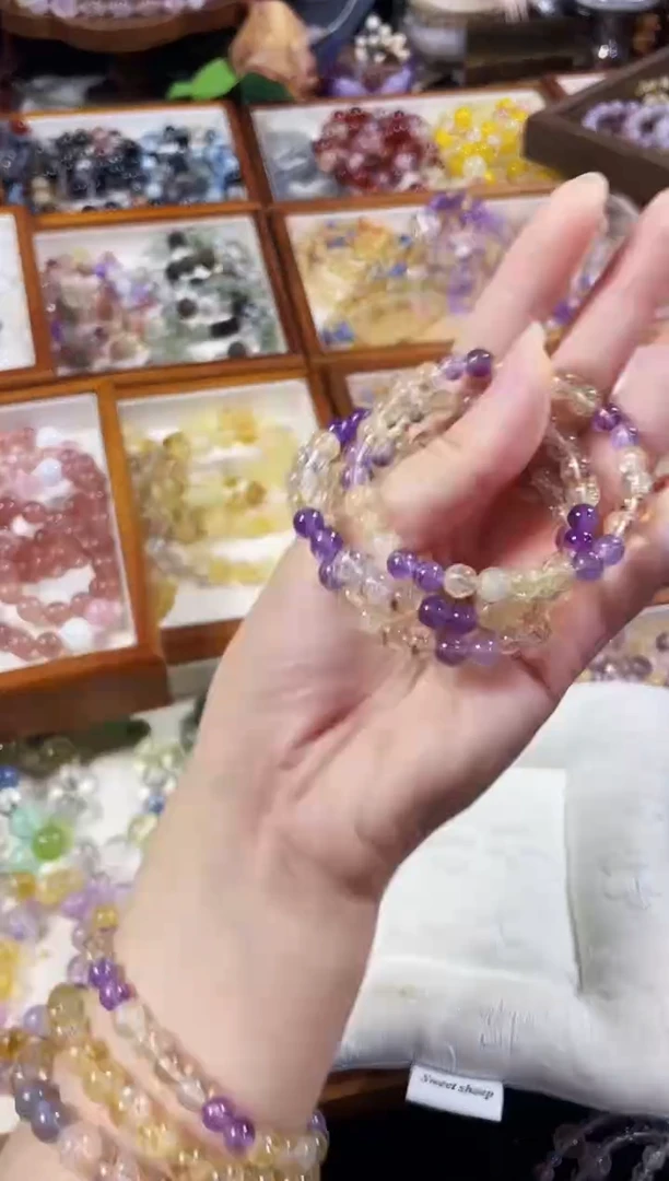 未镶嵌手串水晶天然高品透体黄塔晶紫水晶双拼手串