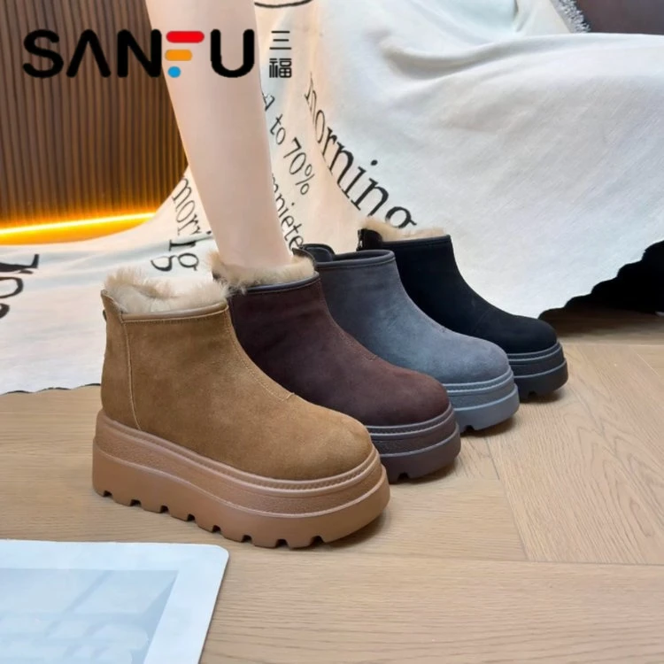 三福小个子雪地靴增高7CM女鞋靴2025冬季新款时装靴加绒保暖短靴